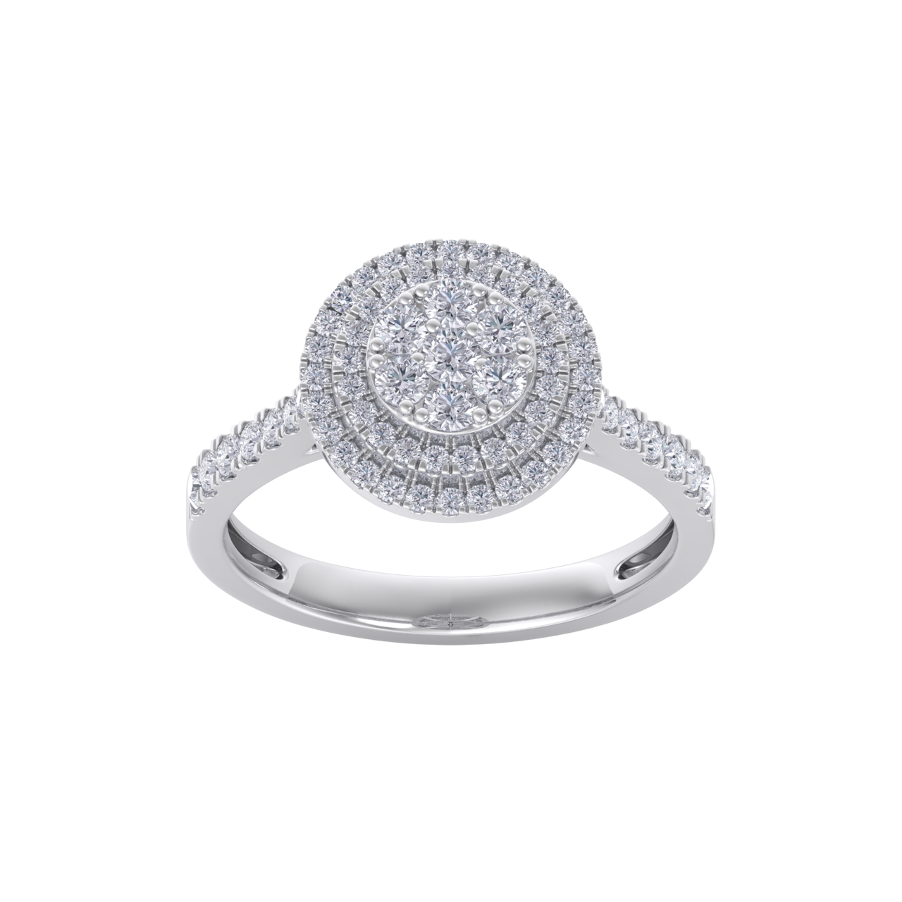 Round cluster diamond ring in white gold with white diamonds of 0.63 ct in weight