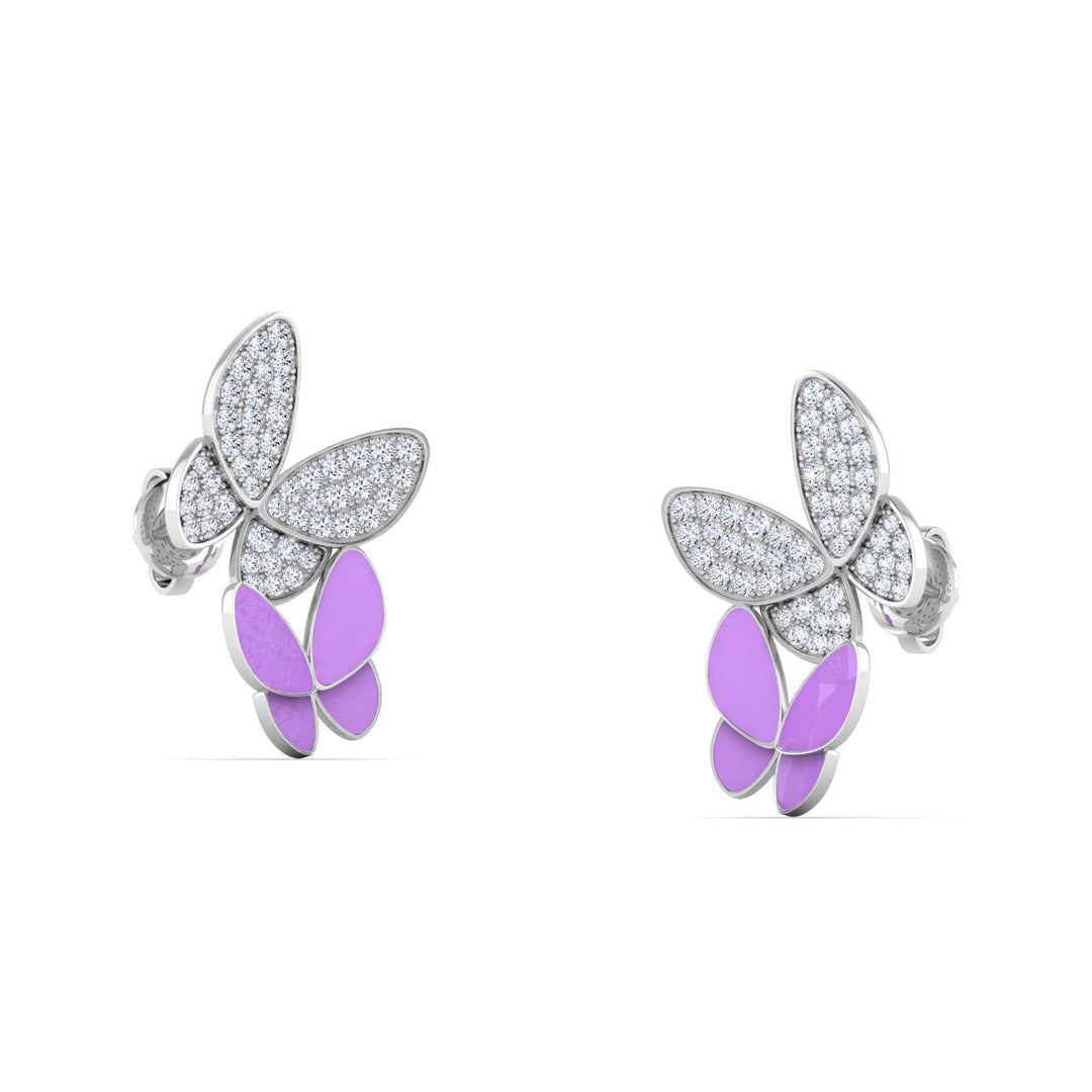 18K gold women's earrings with lavender enamel VS diamonds 0.40 ct. in weight