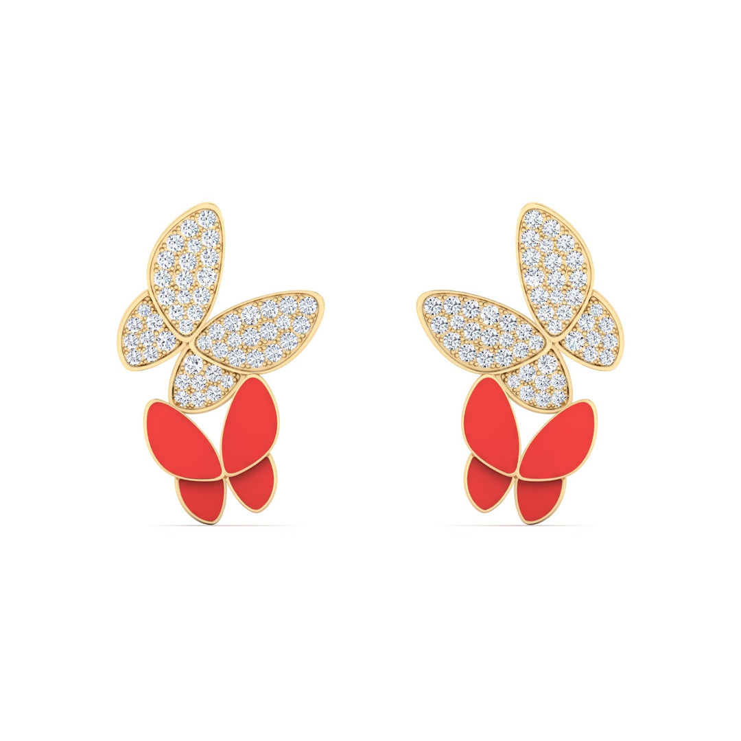 18K gold women's earrings with red enamel VS diamonds 0.40 ct. in weight