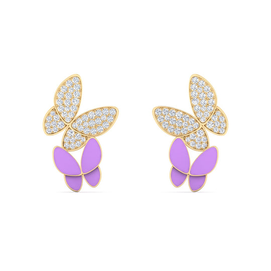 18K gold women's earrings with lavender enamel VS diamonds 0.40 ct. in weight