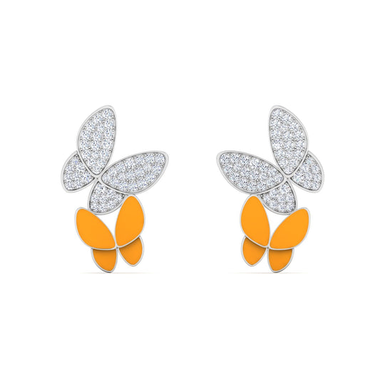 18K gold women's earrings with pastel orange enamel VS diamonds 0.40 ct. in weight