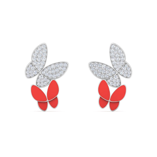 18K gold women's earrings with red enamel VS diamonds 0.40 ct. in weight