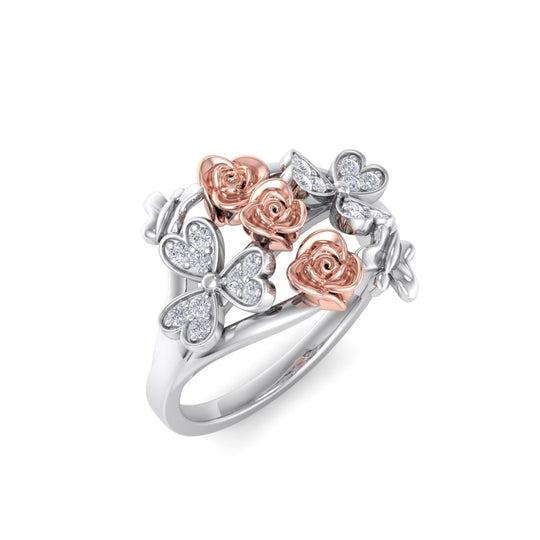 Rose Garden ring in white gold with butterflies with white diamond of 0.12 ct in weight