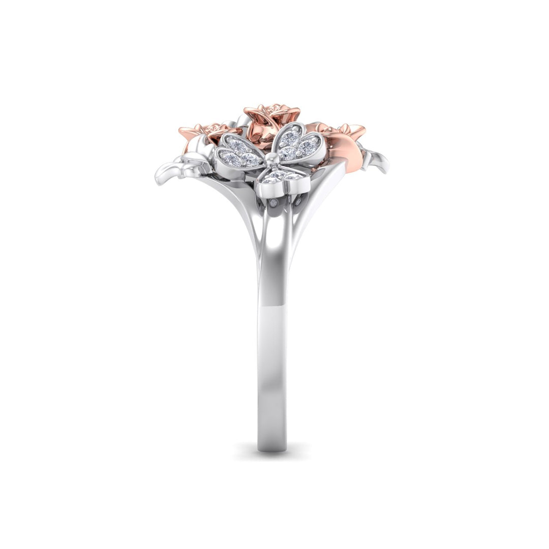 Rose Garden ring in white gold with butterflies with white diamond of 0.12 ct in weight