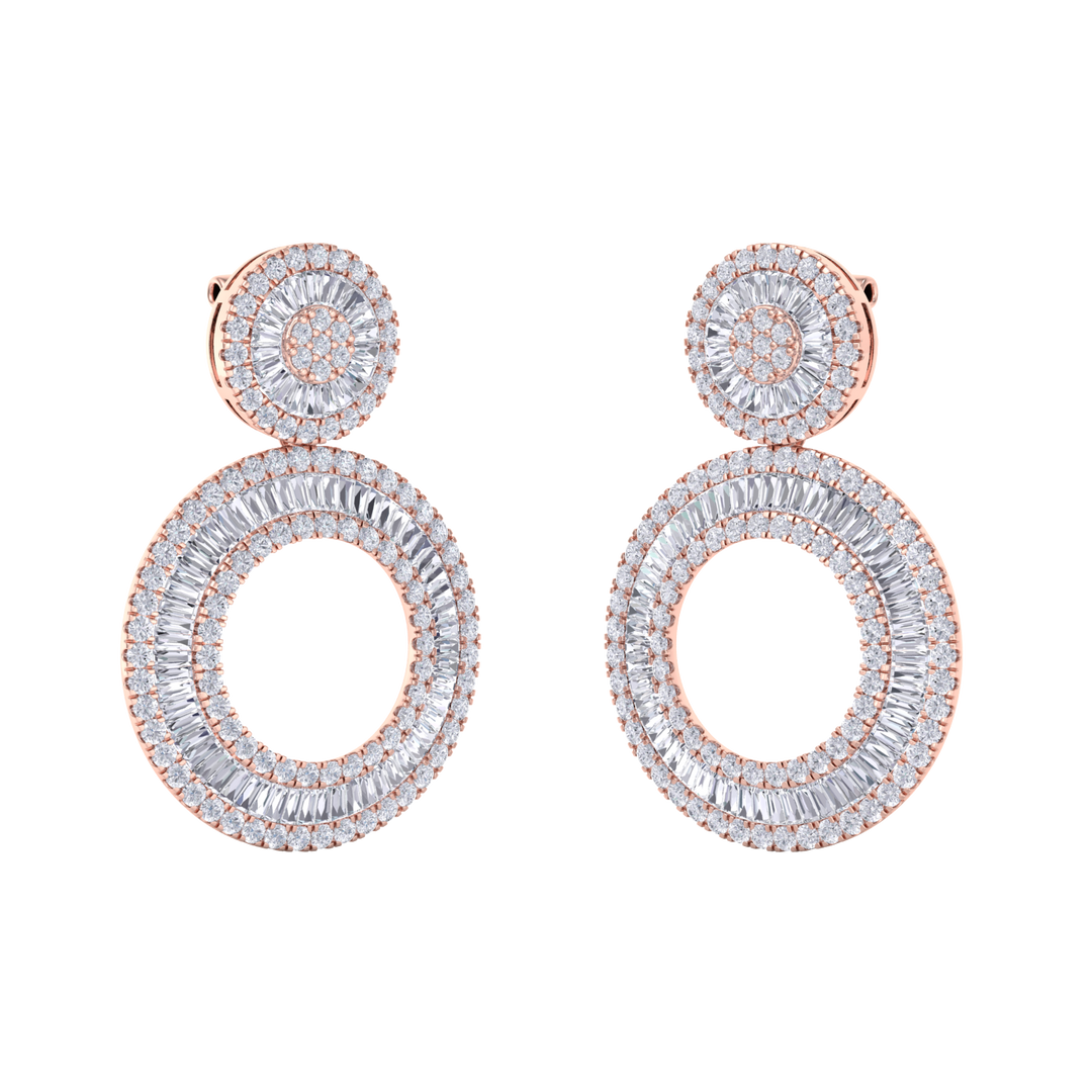 Round dangle earrings in rose gold with white diamonds of 7.27 ct in weight