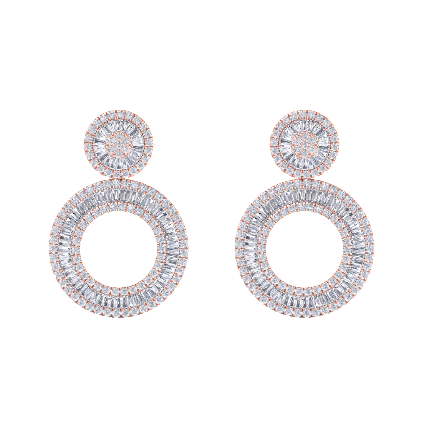 Round dangle earrings in rose gold with white diamonds of 7.27 ct in weight
