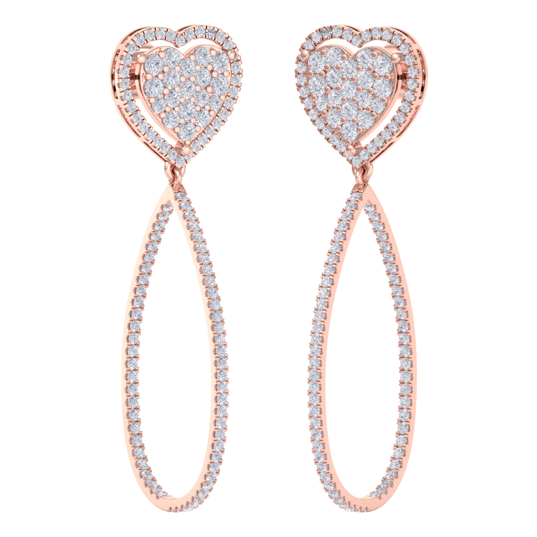 Dangle hoop earrings with hearts in white gold with white diamonds of 1.42 ct in weight