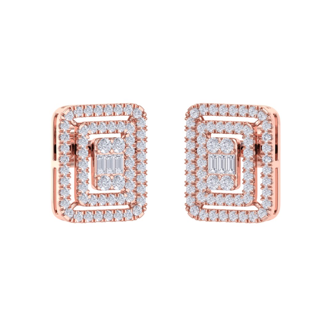 Square stud earrings in yellow gold with white diamonds of 1.83 ct in weight