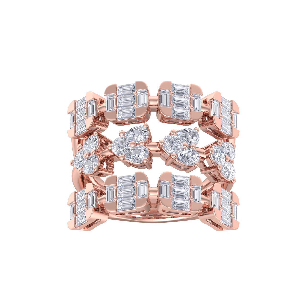 Triple band hearts ring in rose gold with white diamonds of 3.24 ct in weight 