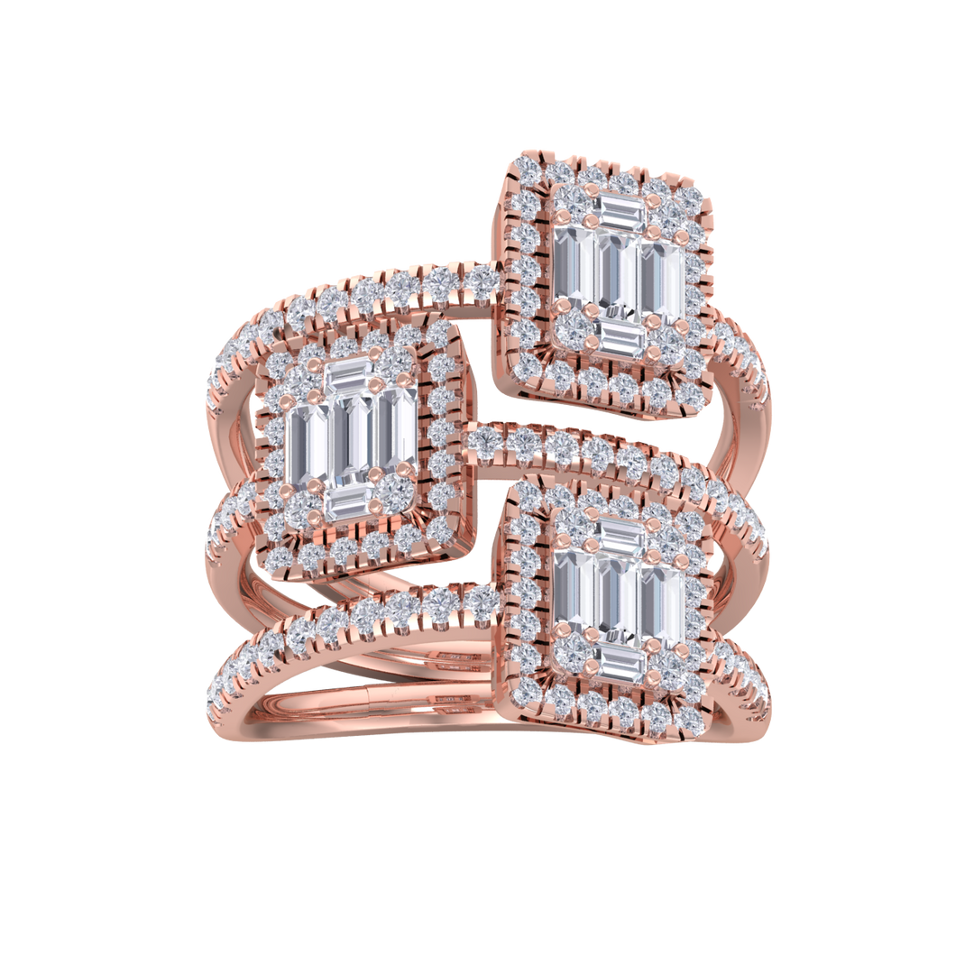 Three band ring in rose gold with white diamonds of 1.59 ct in weight 