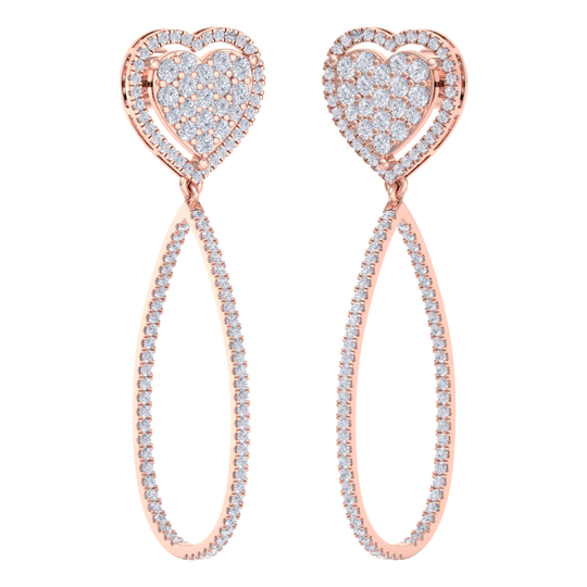 Dangle hoop earrings with hearts in yellow gold with white diamonds of 1.42 ct in weight