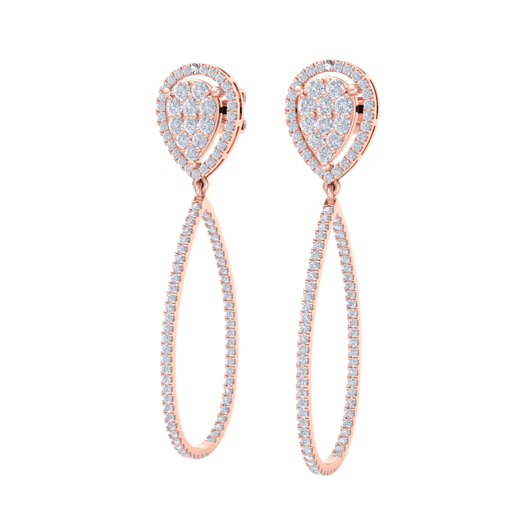 Dangle hoop earrings in rose gold with white diamonds of 1.11 ct in weight