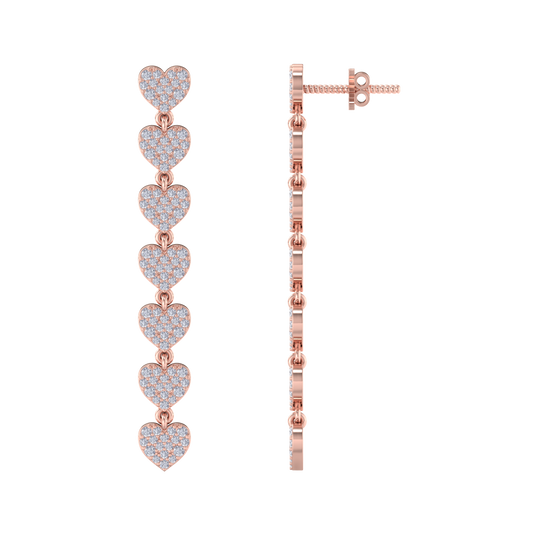 Dangle earrings with hearts in rose gold with white diamonds of 1.78 ct in weight