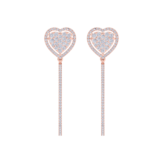 Dangle hoop earrings with hearts in rose gold with white diamonds of 1.42 ct in weight
