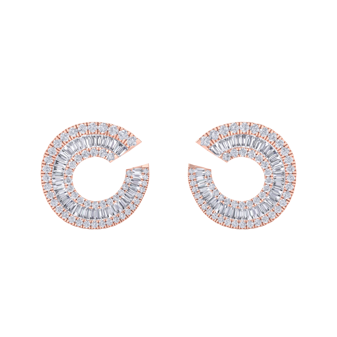 Baguette diamond circle studs in rose gold with white diamonds of 5.85 ct in weight