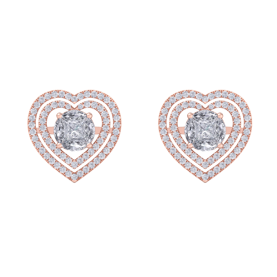Heart earrings in yellow gold with illusion white diamonds of 0.94 ct in weight