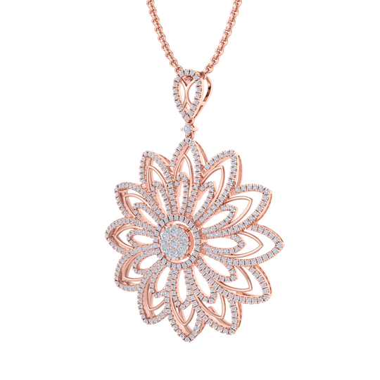 Diamond flower pendant in rose gold with white diamonds of 3.35 ct in weight