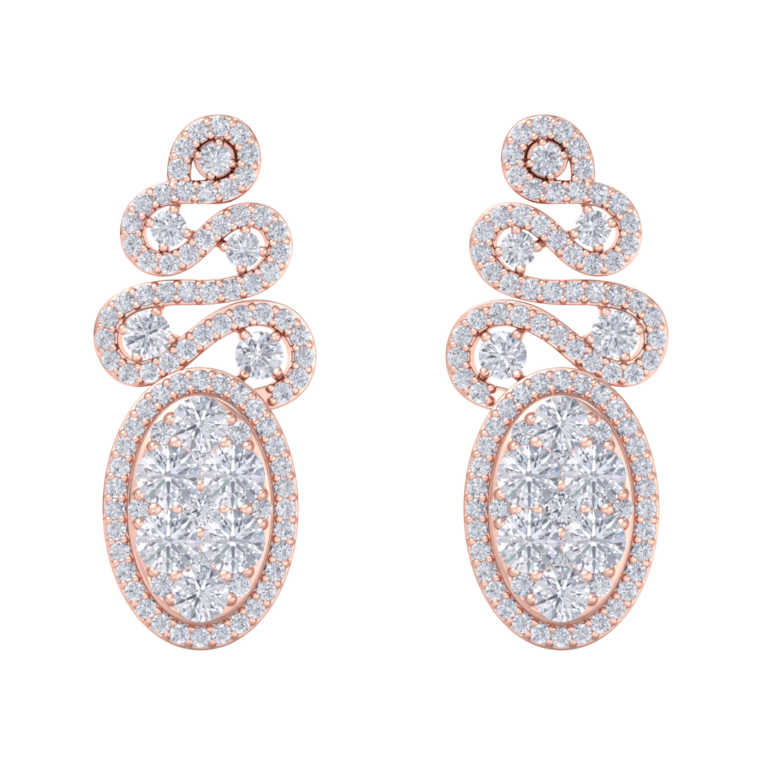 Oval chandelier earrings in rose gold with white diamonds of 2.68 ct in weight
