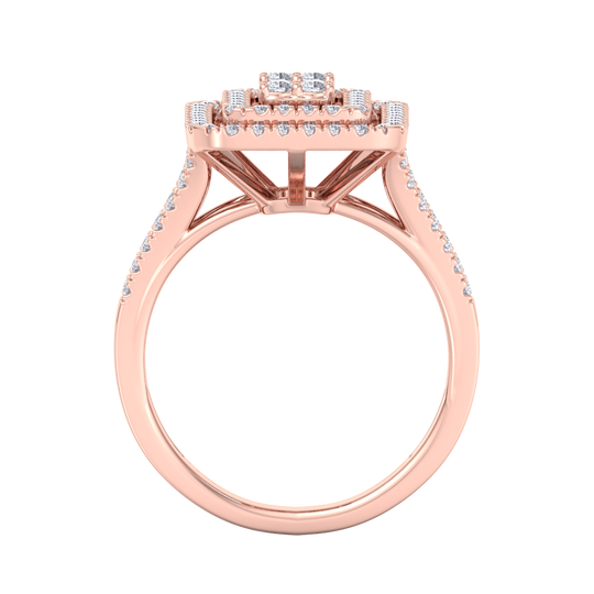 Square diamond ring with split shank in rose gold with white diamonds of 1.02 ct in weight