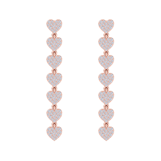 Dangle earrings with hearts in rose gold with white diamonds of 1.78 ct in weight