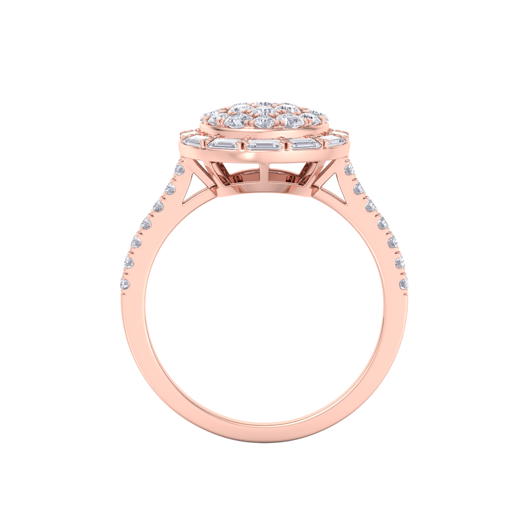 Round cluster ring in rose gold with white diamonds of 0.92 ct in weight