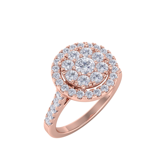 Round cluster ring in rose gold with white diamonds of 1.02 ct in weight