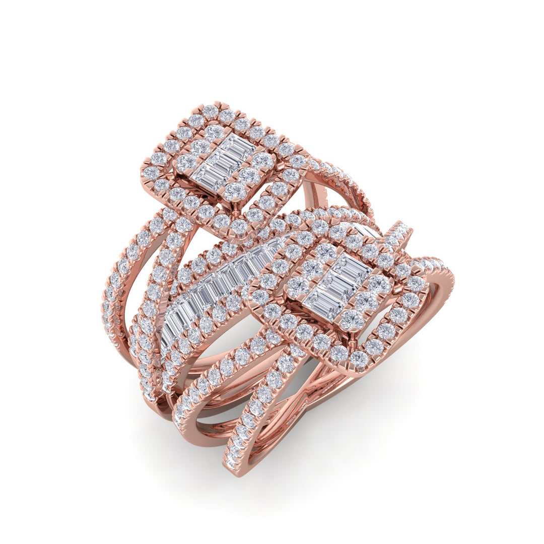 Multi-band diamond ring in rose gold with white diamonds of 2.65 ct in weight