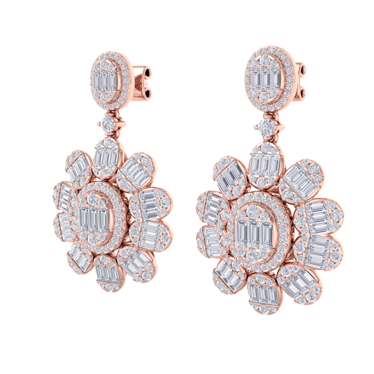 Formal chandelier earrings in rose gold with white diamonds of 4.12 ct in weight