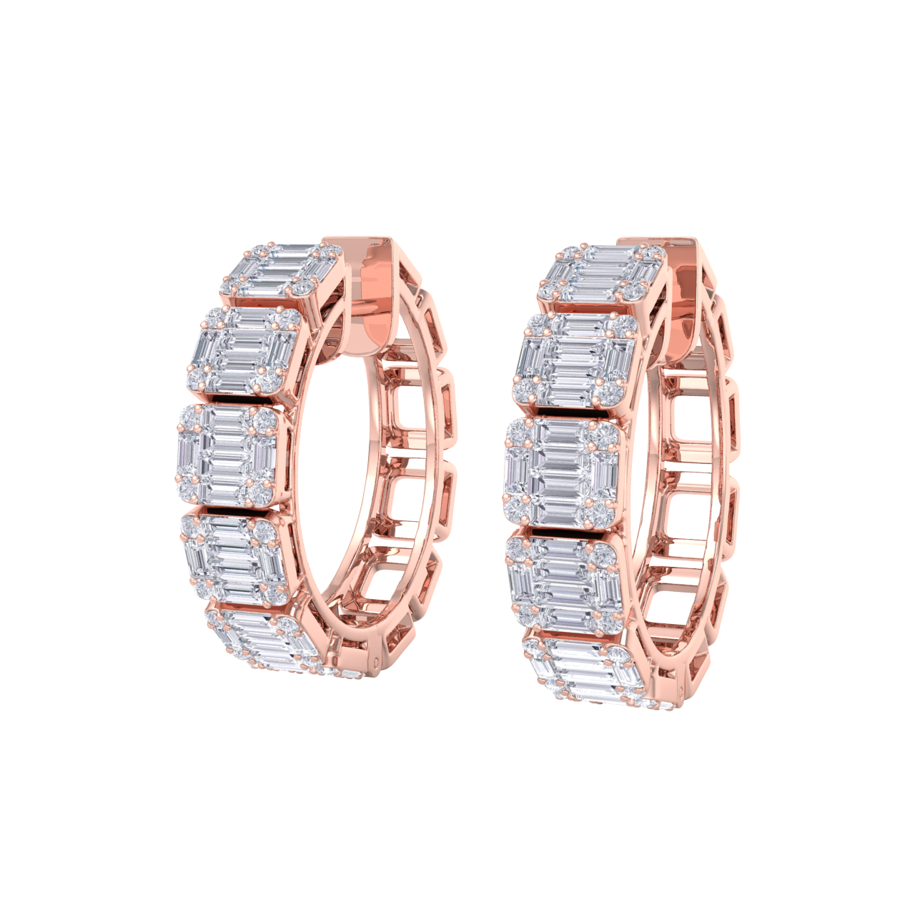 Baguette diamond hoop earrings in rose gold with white diamonds of 4.56 ct in weight