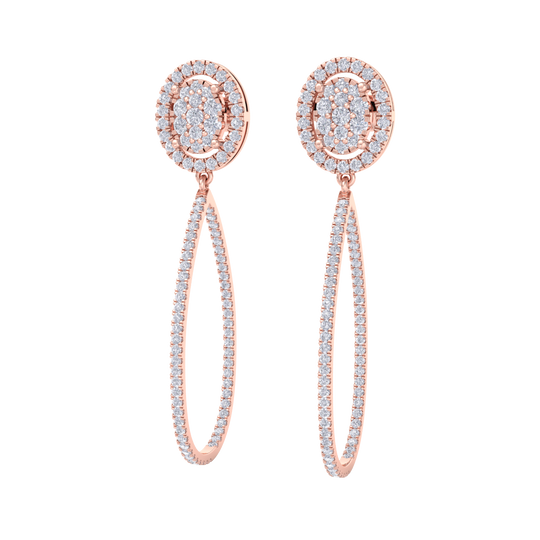 Dangle hoop earrings with hearts in rose gold with white diamonds of 1.75 ct in weight