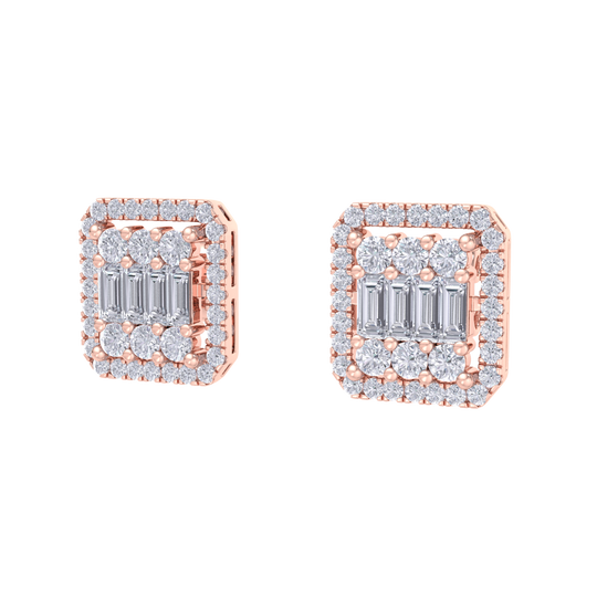 Square earrings in rose gold with baguette white diamonds of 0.89 ct in weight