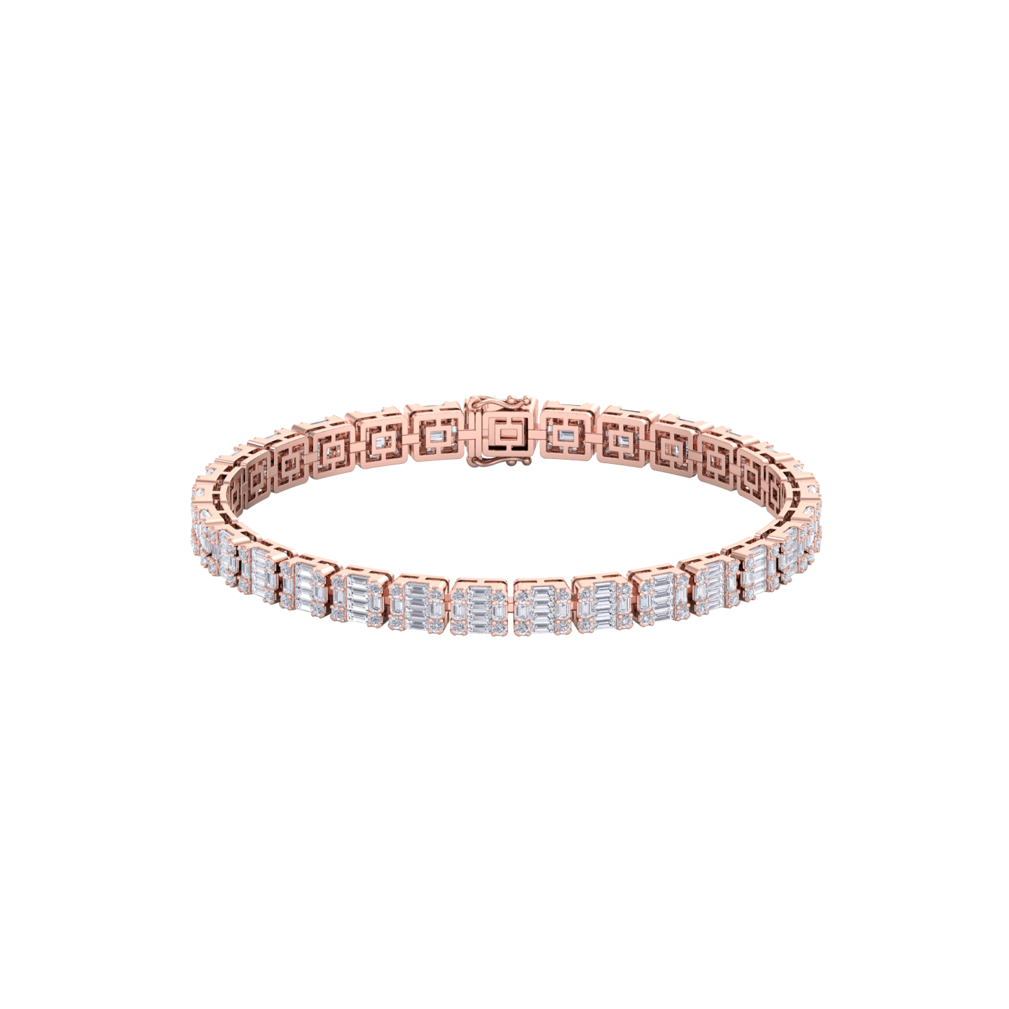 Baguette tennis bracelet in rose gold with white diamonds of 4.18 ct in weight