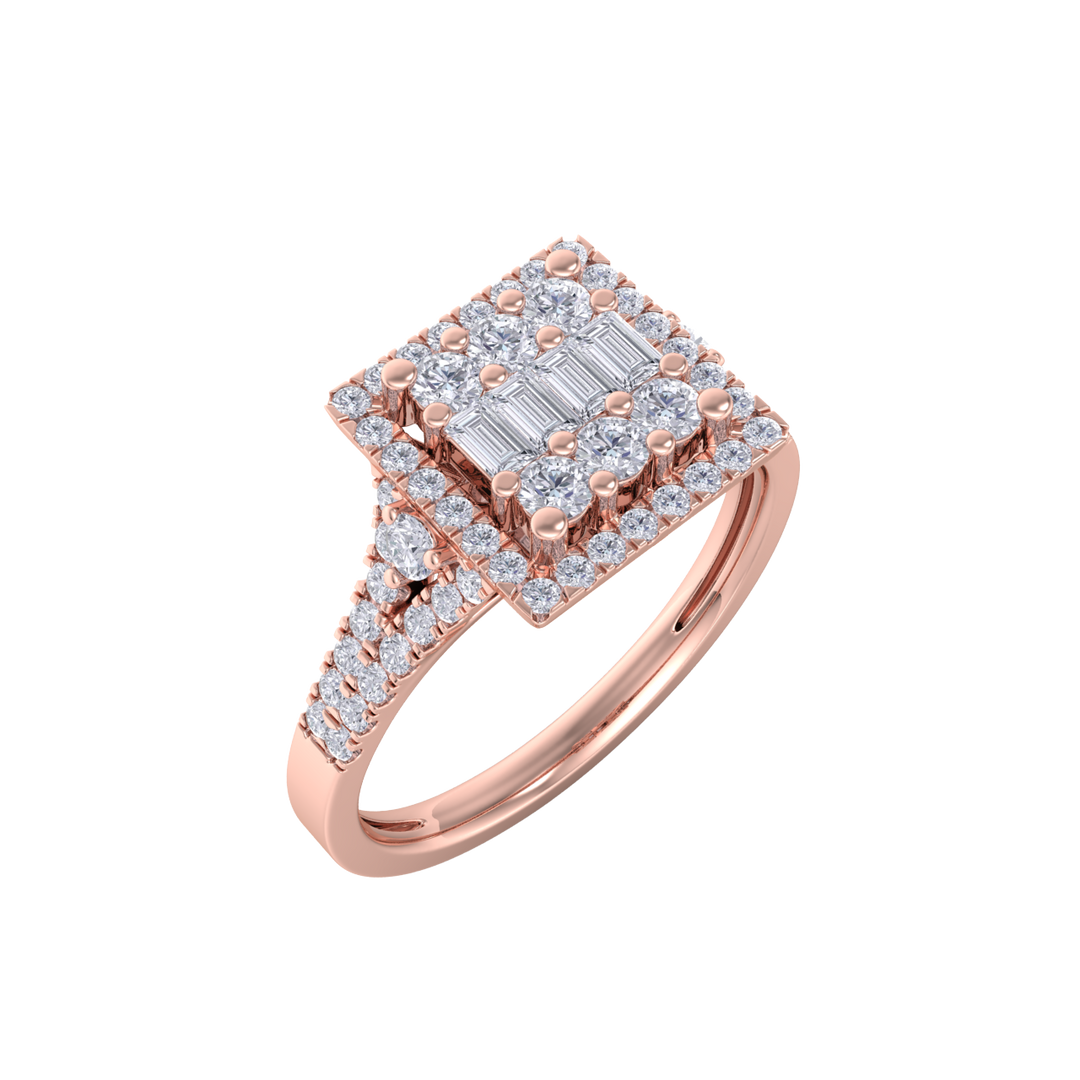 Square cluster engagement diamond ring in rose gold with white diamonds of 0.61 ct in weight