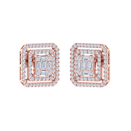 Square earrings in yellow gold with baguette white diamonds of 0.78 ct in weight