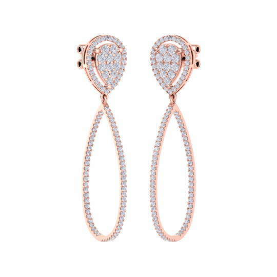 Dangle hoop earrings in rose gold with white diamonds of 1.11 ct in weight