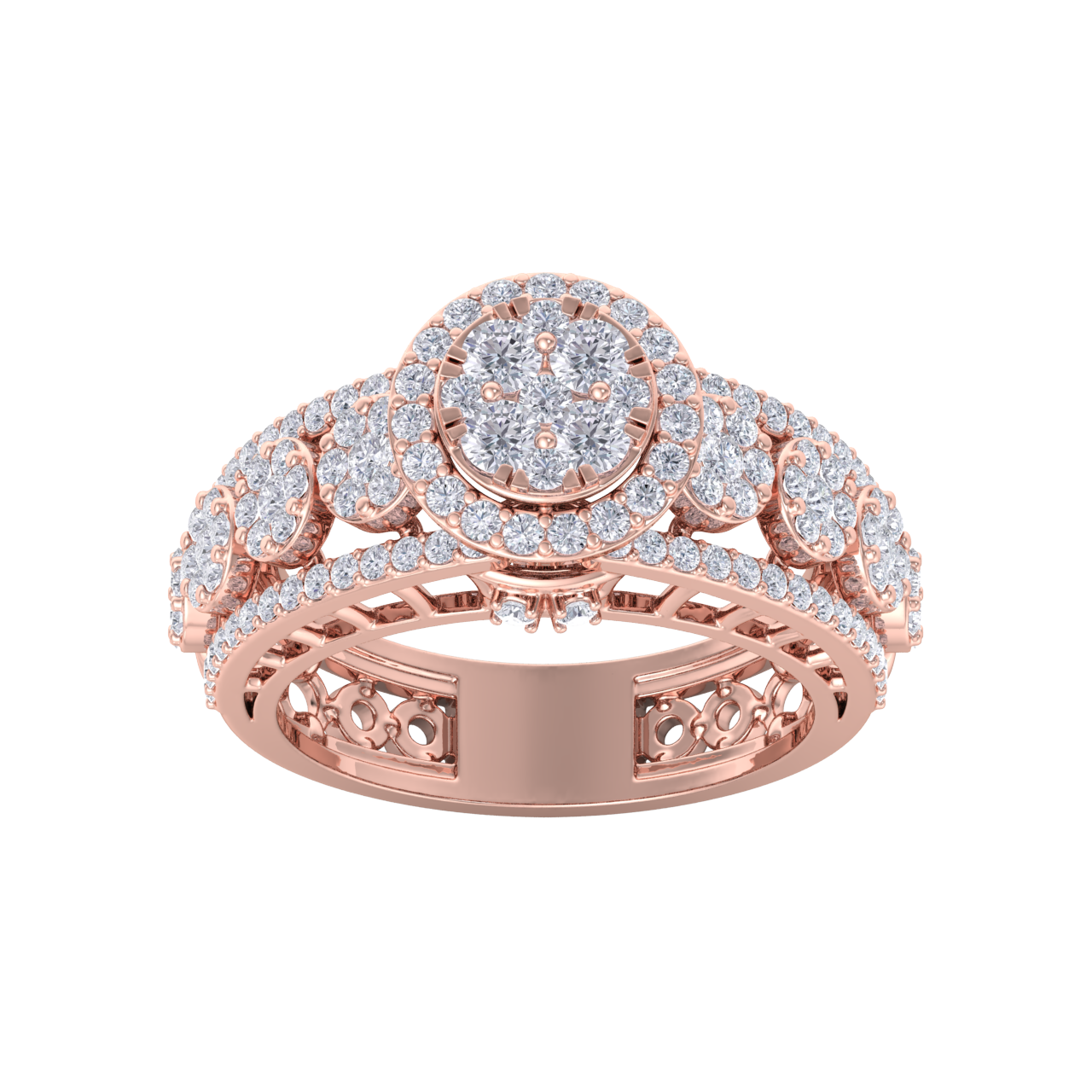 Halo cluster ring in rose gold with white diamonds of 1.53 ct in weight