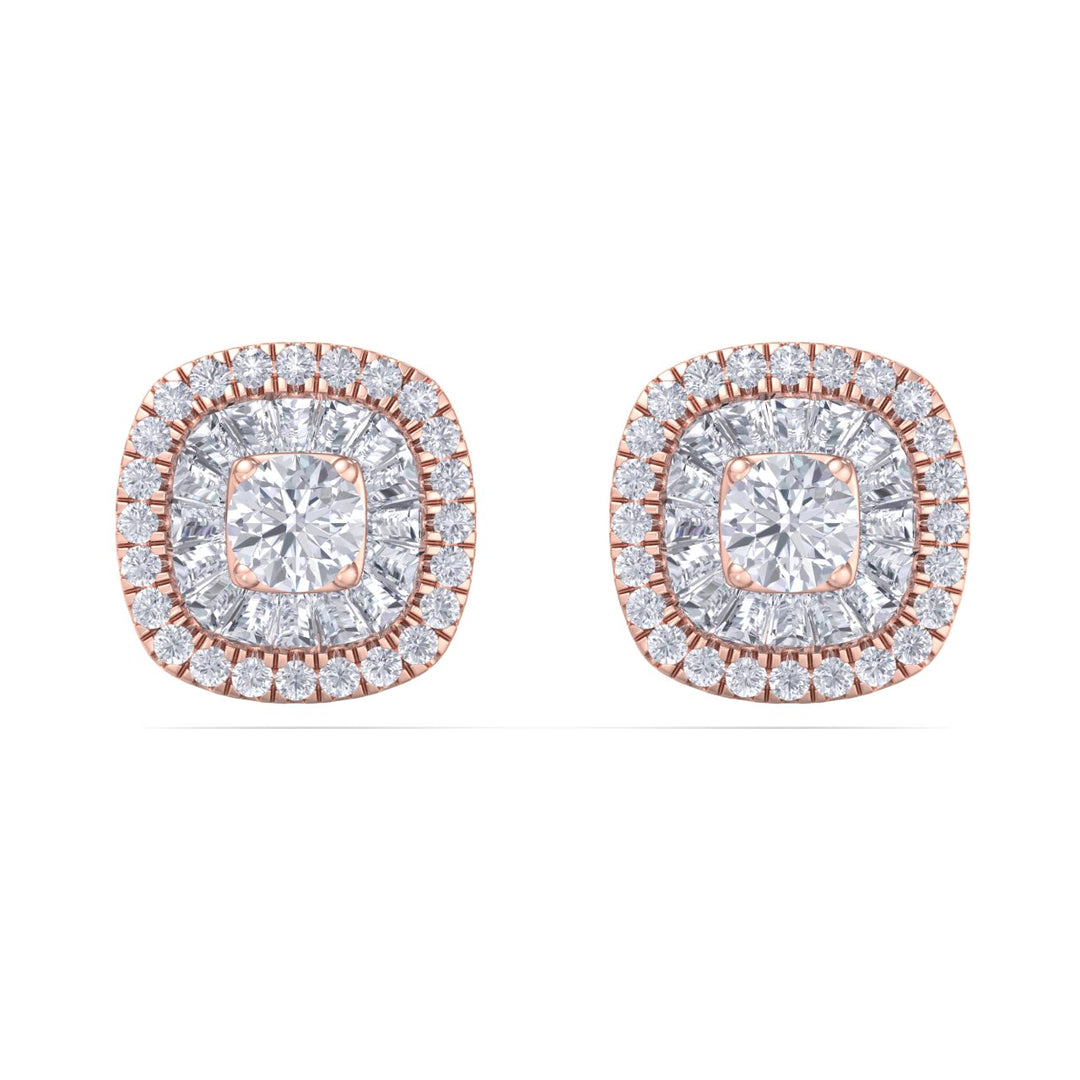 Square halo stud earrings in rose gold with white diamonds of 0.50 ct in weight