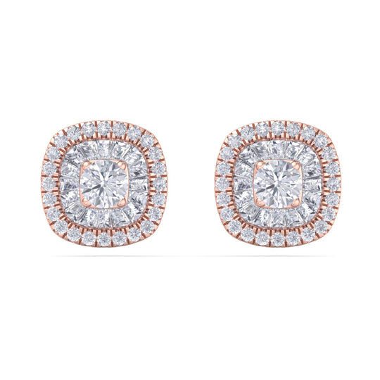 Square halo stud earrings in white gold with white diamonds of 0.50 ct in weight