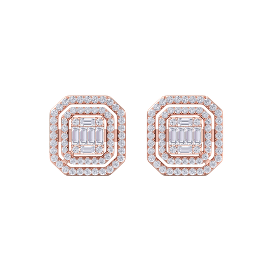 Square stud earrings in rose gold with white diamonds of 0.87 ct in weight