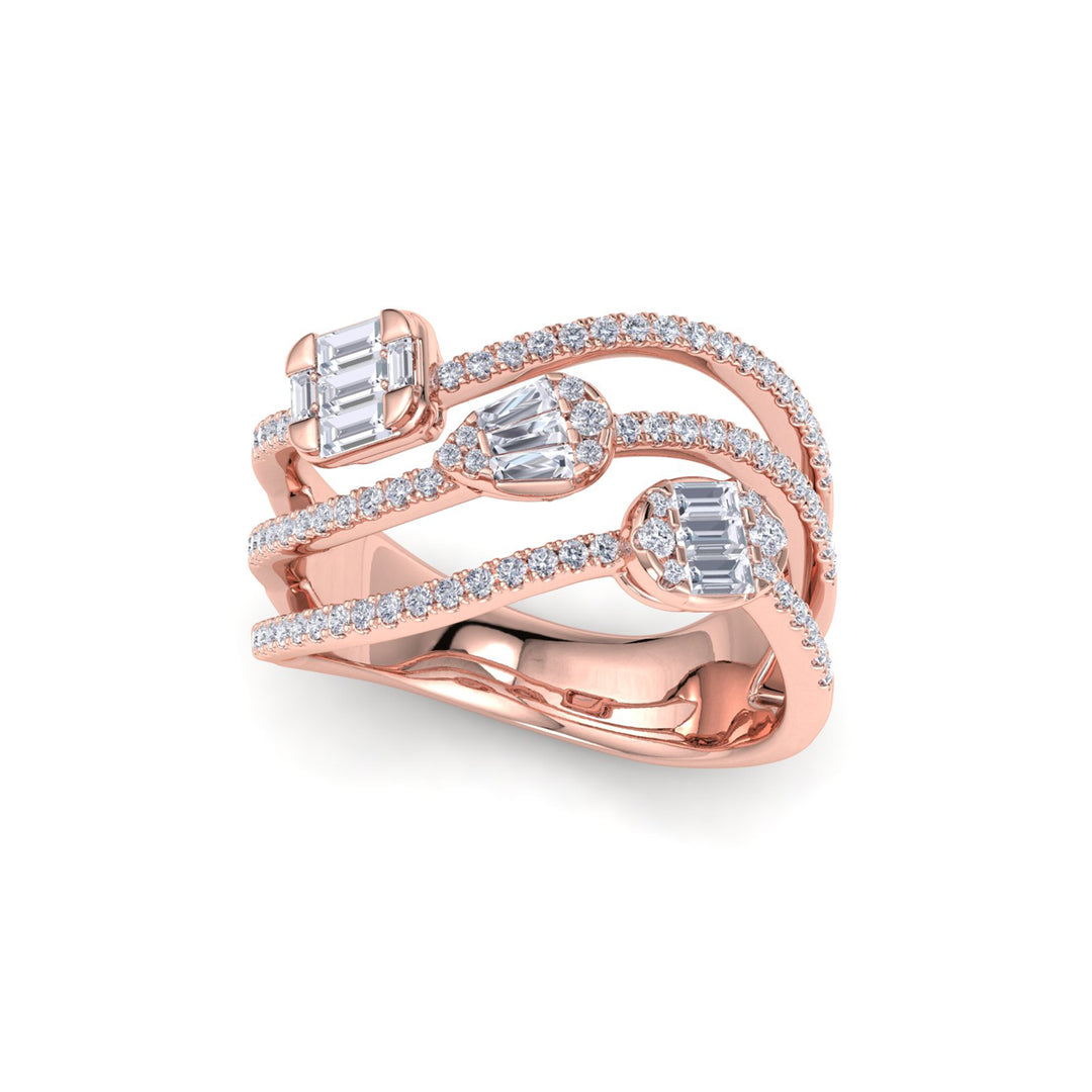 Multi-band ring in rose gold with white diamonds of 1.49 ct in weight