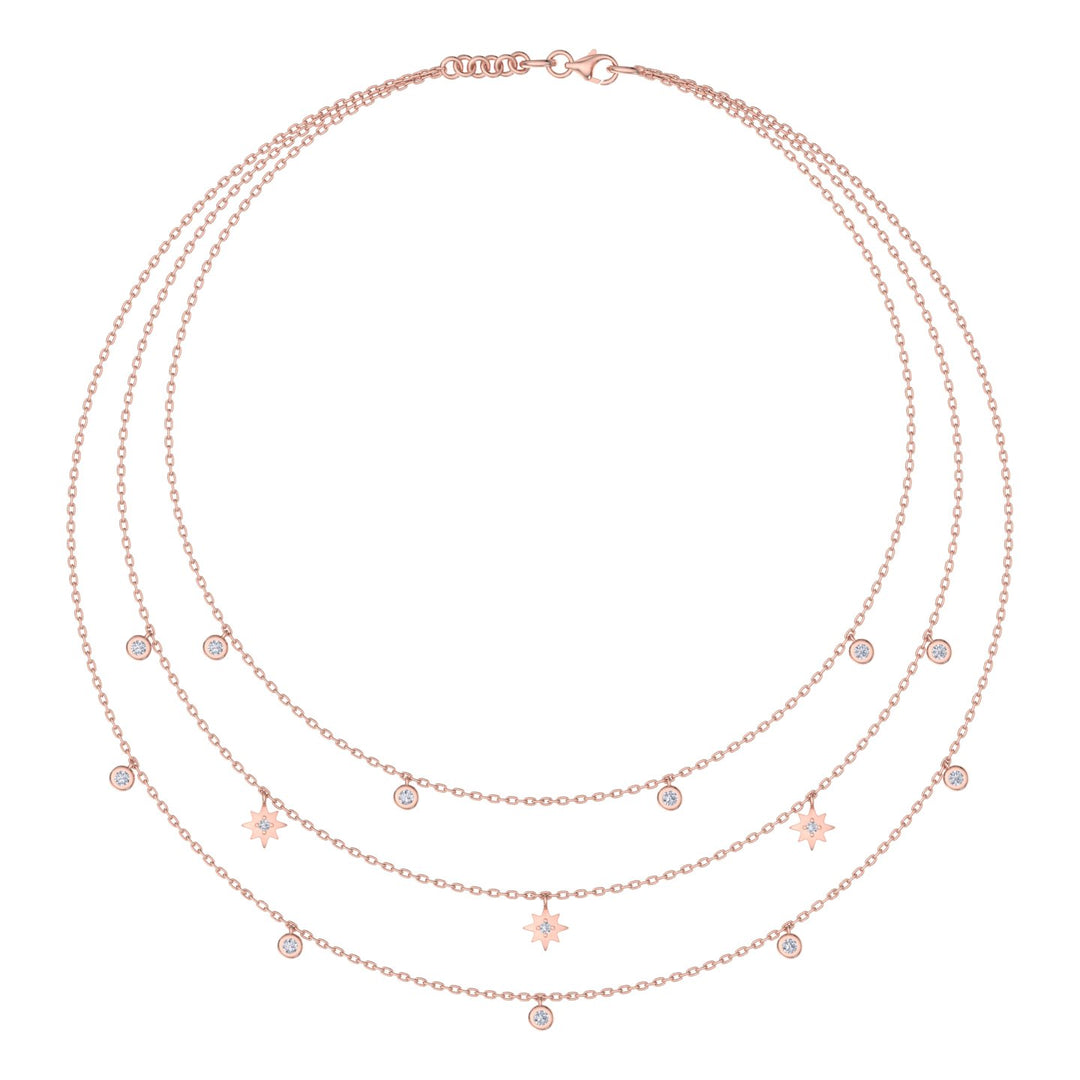 Multi-strand necklace with stars in rose gold with white diamonds of 0.27 ct in weight - HER DIAMONDS®