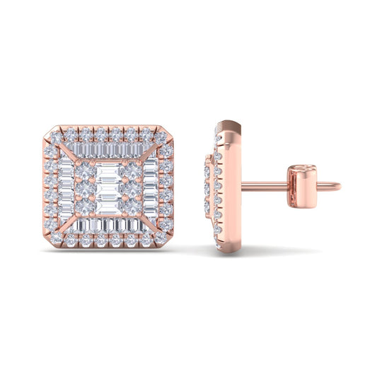 Square stud earrings in rose gold with white diamonds of 0.88 ct in weight