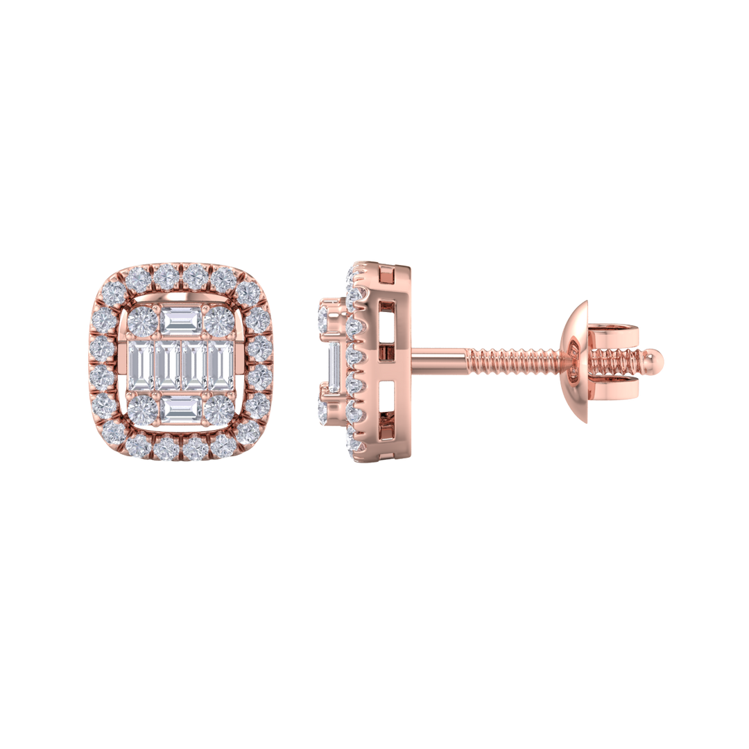 Halo square stud earrings in yellow gold with white diamonds of 0.41 ct in weight