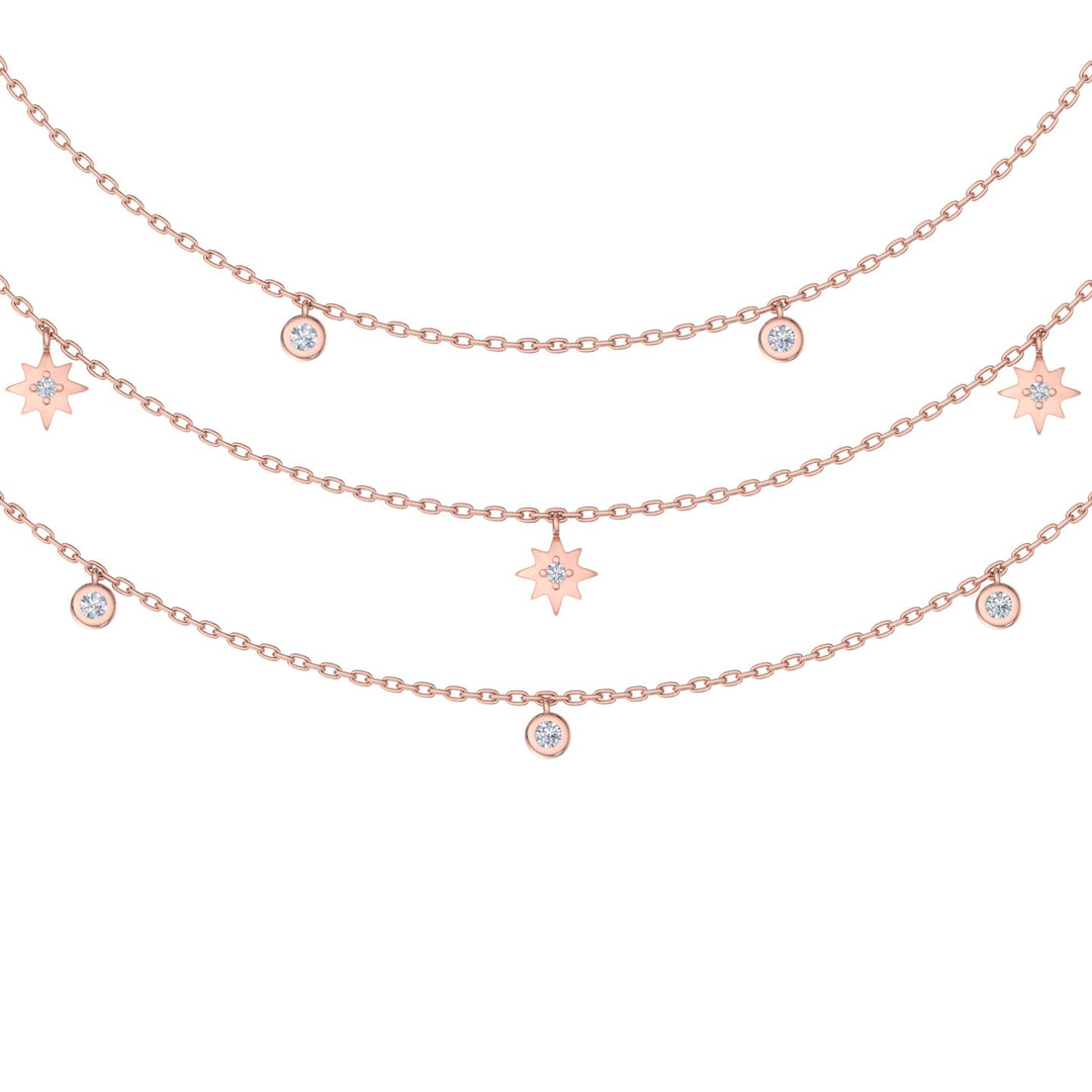 Multi-strand necklace with stars in yellow gold with white diamonds of 0.27 ct in weight - HER DIAMONDS®