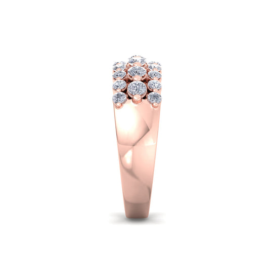 Three row ring in rose gold with white diamonds of 0.81 ct in weight