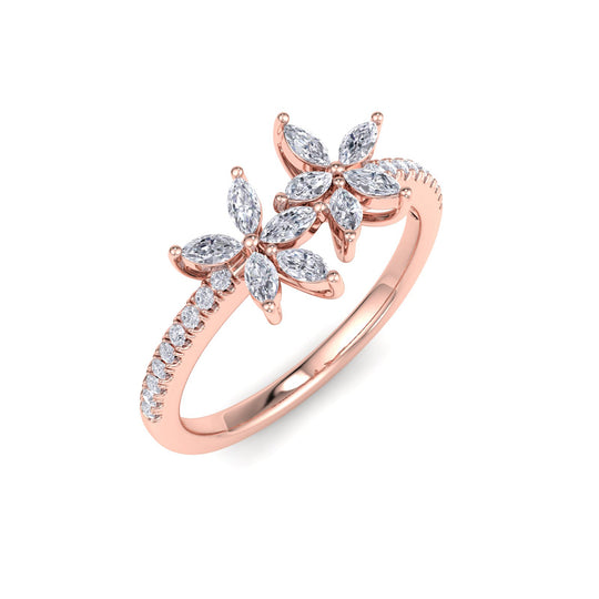 Two of a kind flower ring in rose gold with white diamonds of 0.70 ct in weight