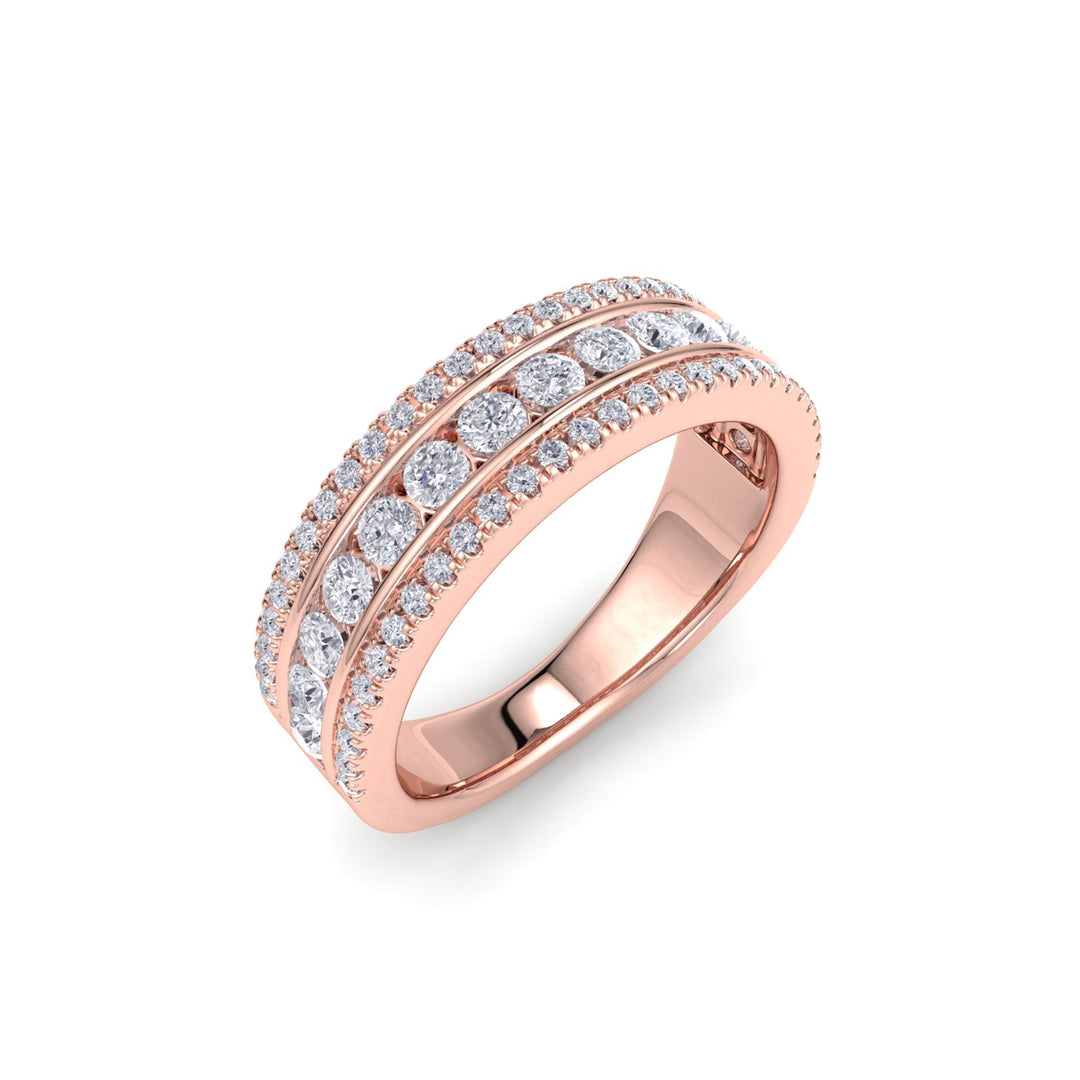 Three row ring in rose gold with white diamonds of 0.93 ct in weight