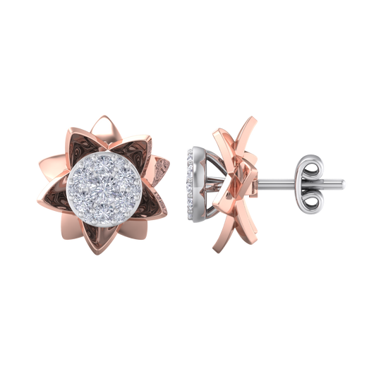 Flower shaped stud earrings in yellow gold with white diamonds of 0.62 ct in weight