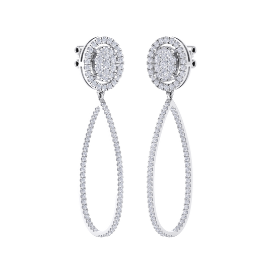 Dangle hoop earrings with hearts in white gold with white diamonds of 1.75 ct in weight