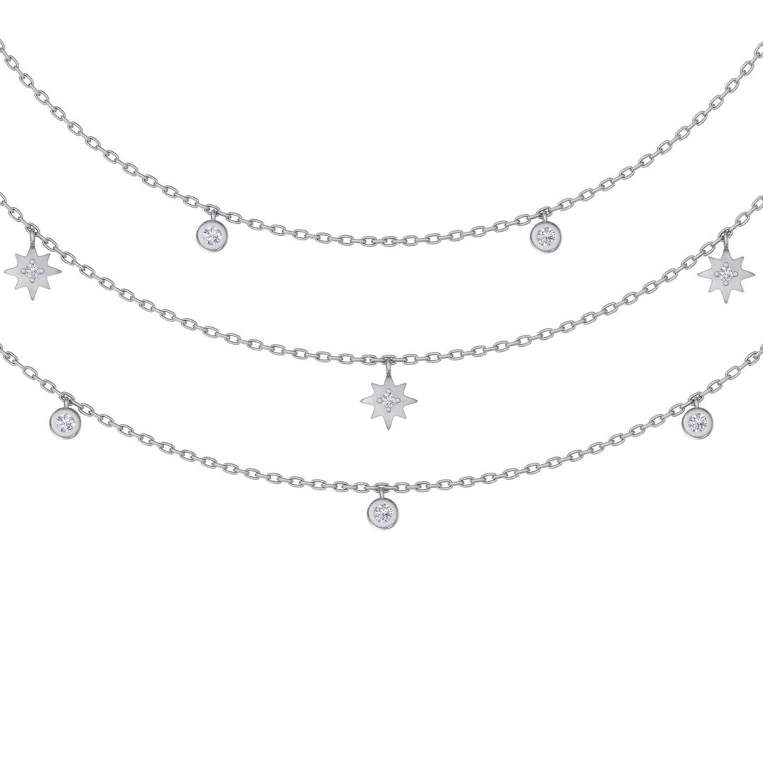 Multi-strand necklace with stars in white gold with white diamonds of 0.27 ct in weight - HER DIAMONDS®